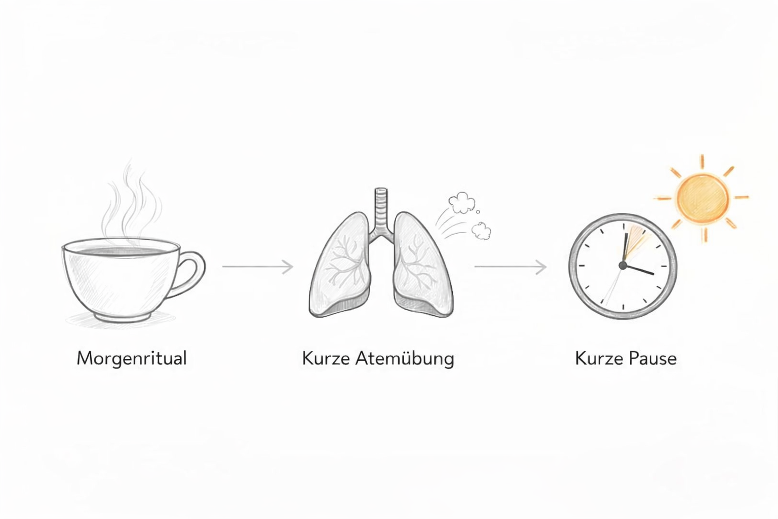 Eine Illustration zeigt eine Morgenroutine: Kaffee, eine kurze Atemübung und eine kurze bewusste Pause.