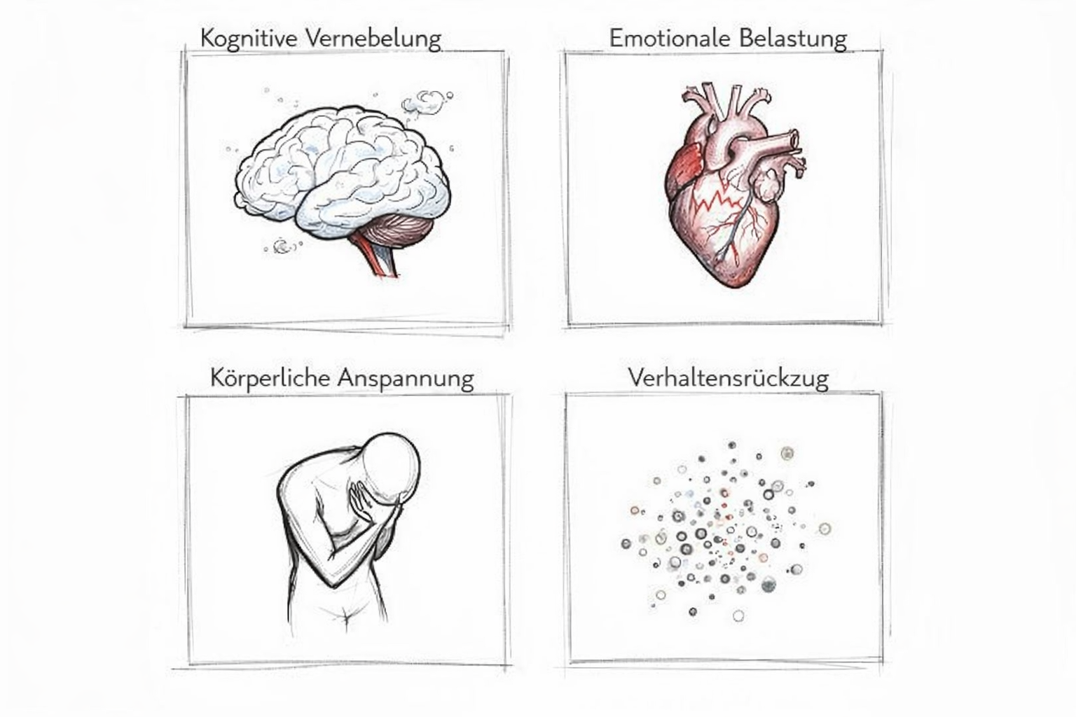Vier Illustrationen zeigen Symptome von Überforderung: kognitiven Nebel, emotionale Belastung, körperliche Anspannung und Verhaltensrückzug.