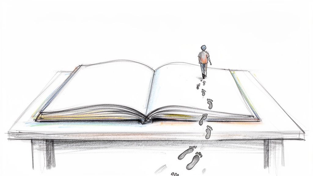 Ein Kind läuft auf einem aufgeschlagenen Buch und hinterlässt Fußspuren, die Bildung und den Lebensweg symbolisieren.