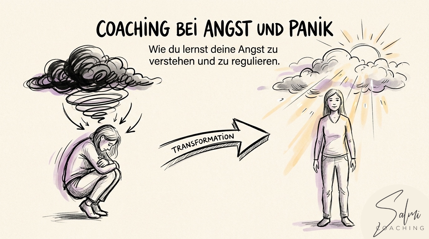 Bleistift-Illustration einer zusammengekauerten Person unter einer dunklen Wolke neben einer aufrecht stehenden Person im Sonnenlicht – Transformation durch Coaching bei Angst und Panik