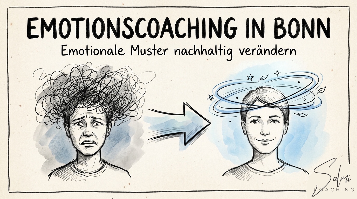 Handgezeichnete Illustration zum Thema Emotionscoaching in Bonn – links eine Person mit Gedankenwirrwarr im Kopf, rechts dieselbe Person mit klarem Kopf und Lächeln, verbunden durch einen Transformationspfeil