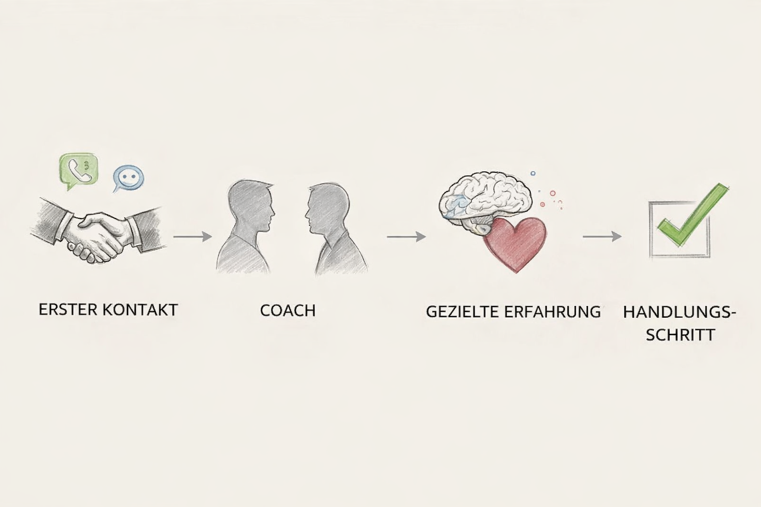 Prozessdiagramm eines Burnout-Präventions-Coachings, das Schritte vom Erstkontakt bis zu konkreten Handlungsschritten darstellt.