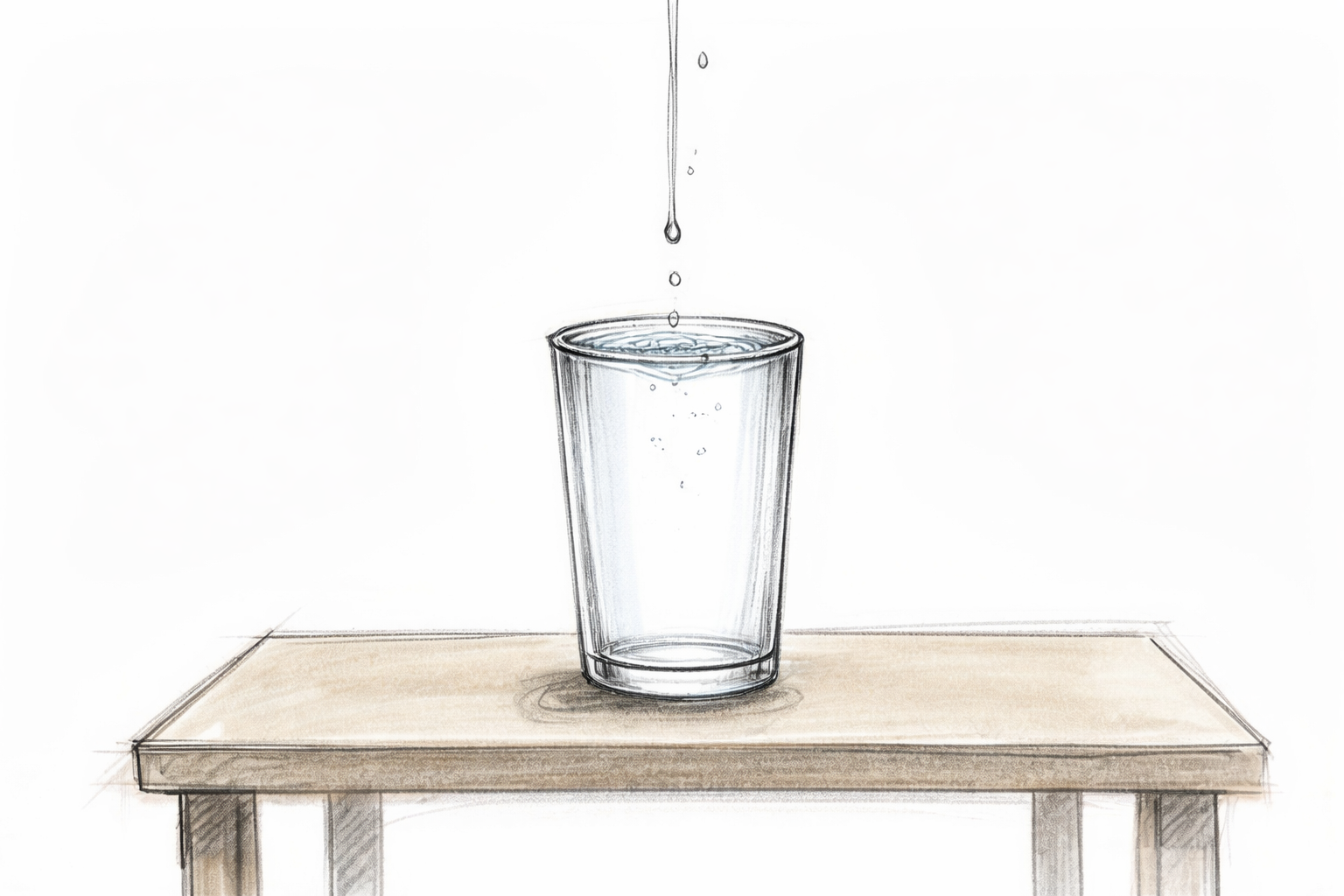 Illustration: Ein Glas, halbvoll mit Wasser, auf einem Tisch. Wassertropfen fallen hinein und verursachen Wellen.