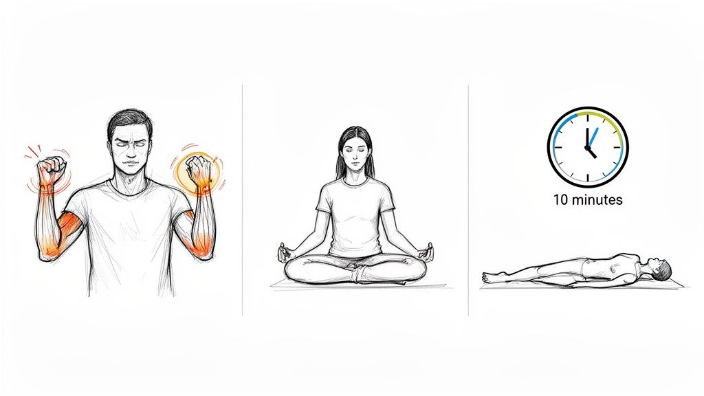 Illustration einer dreistufigen Anleitung zum Lösen innerer Anspannung: von Schmerz über Meditation zu Entspannung in 10 Minuten.