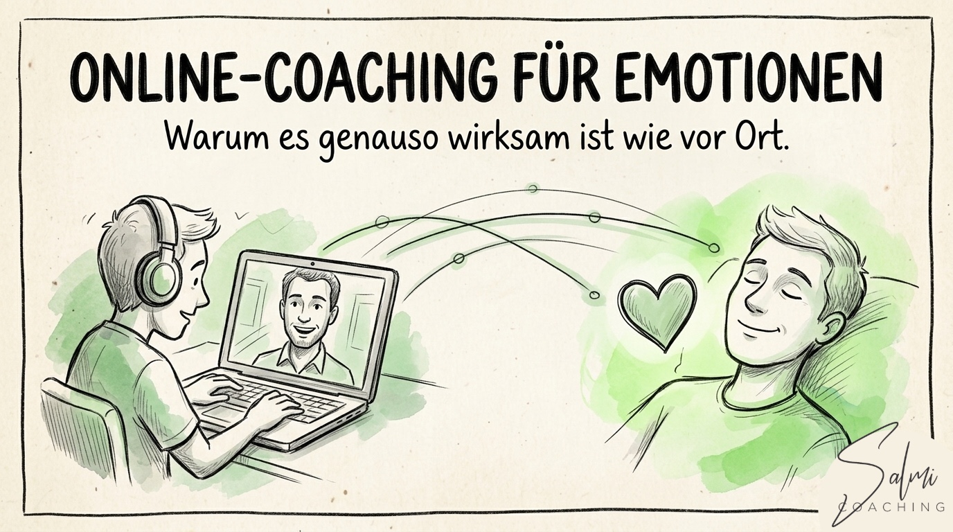 Illustration einer Person am Laptop beim Online-Coaching mit einem Coach auf dem Bildschirm – rechts dieselbe Person entspannt mit Herz-Symbol, Thema Online-Emotionscoaching.
