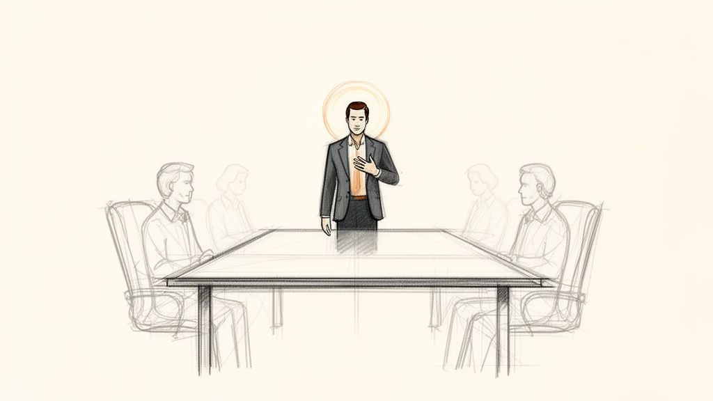 Ein Mann mit einem orangefarbenen Heiligenschein steht an einem Konferenztisch mit der Hand am Herzen.