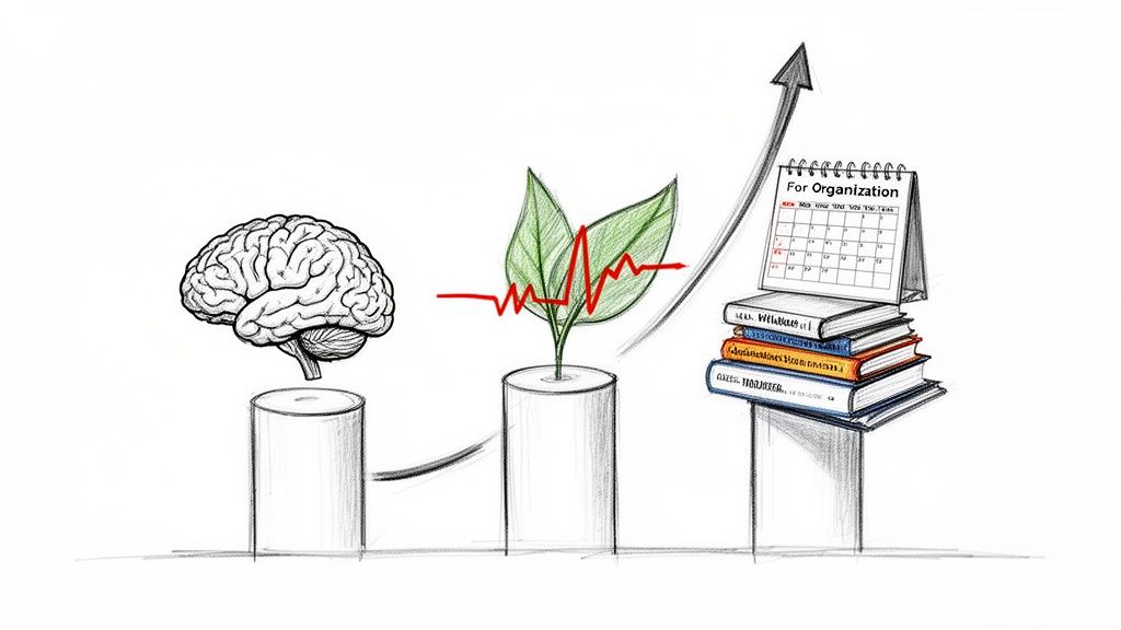 Skizze einer aufsteigenden Grafik mit Gehirn, Pflanze mit Herzschlag, Büchern und Kalender, die persönliches Wachstum darstellt.