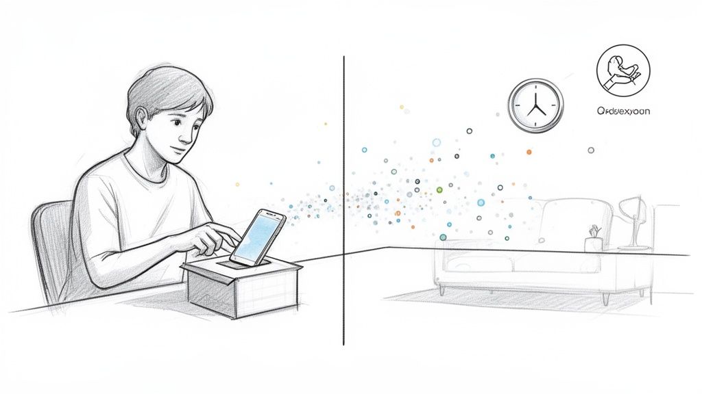 Eine Person interagiert mit einem Smartphone in einer Box, symbolisierend digitale Grenzen und Achtsamkeit.