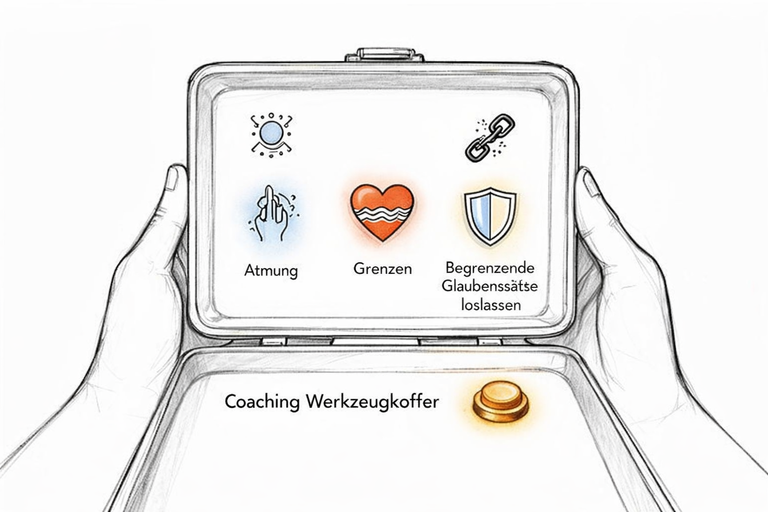 Hände halten eine offene Coaching-Toolbox mit Symbolen für Atmung, Grenzen und limitierende Glaubenssätze.