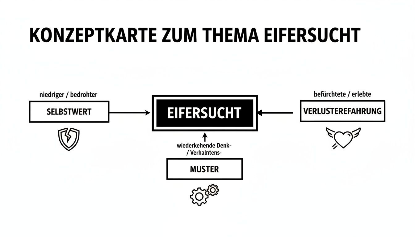 Konzeptkarte zur Eifersucht, die niedrigen Selbstwert, Verlustängste und Verhaltensmuster als Einflussfaktoren darstellt.