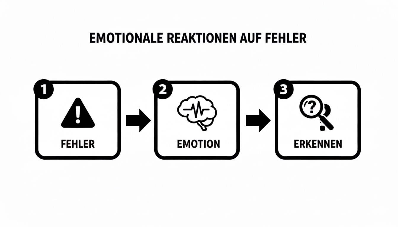 Ein Flussdiagramm illustriert die emotionale Reaktion auf Fehler in drei Schritten: Fehler, Gefühl, Erkennen.
