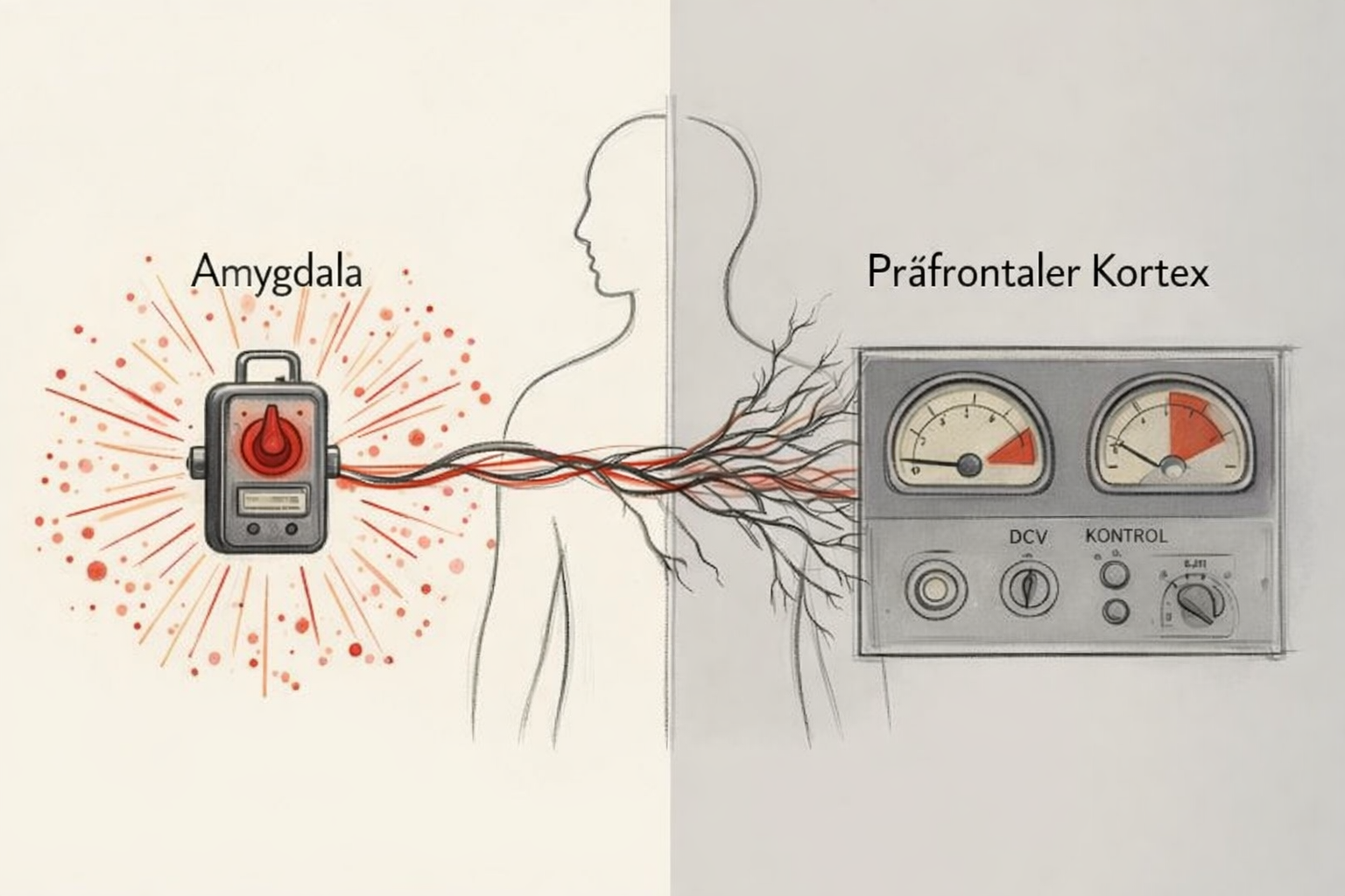 Illustration von Amigdla als Stressauslöser und Preferctal Cortex als Regler, verbunden durch Nervenbahnen.