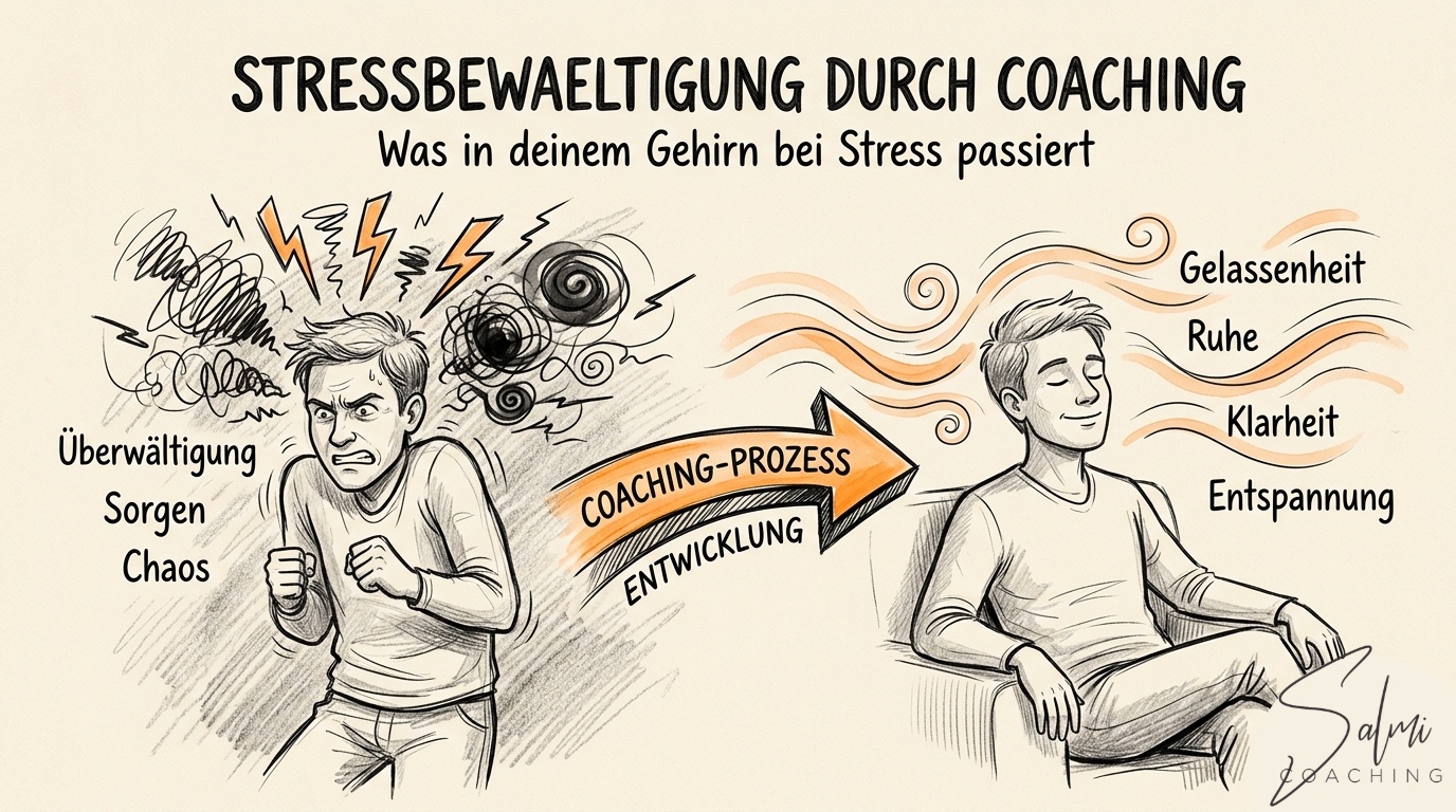 Handgezeichnete Darstellung einer gestressten Person mit Blitzen und Wirbeln neben einer entspannten Person mit Wellenlinien – Coaching-Prozess zur Stressbewältigung