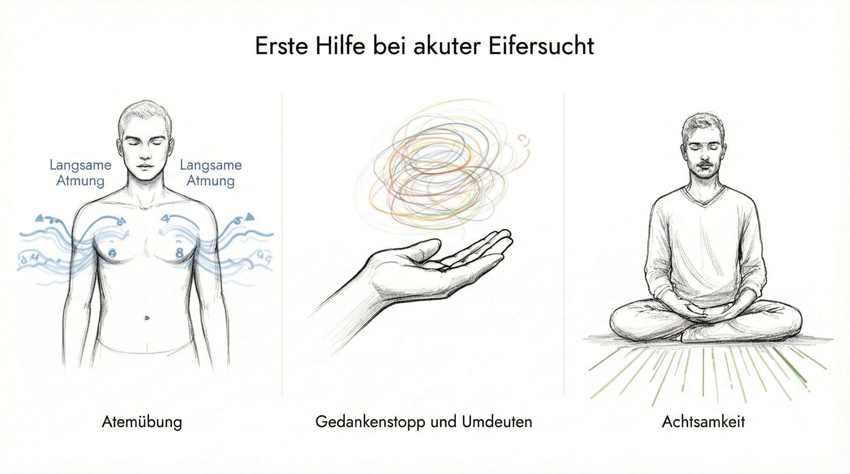 Drei Skizzen zeigen Erste-Hilfe-Maßnahmen gegen akute Eifersucht: langsames Atmen, Gedankenstopp und Achtsamkeit.
