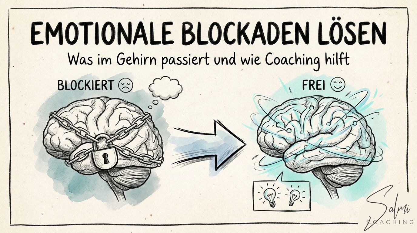 Skizze eines blockierten Gehirns mit Ketten und Schloss neben einem freien Gehirn mit fließenden Neuronenpfaden – Illustration zum Thema emotionale Blockaden lösen durch Coaching