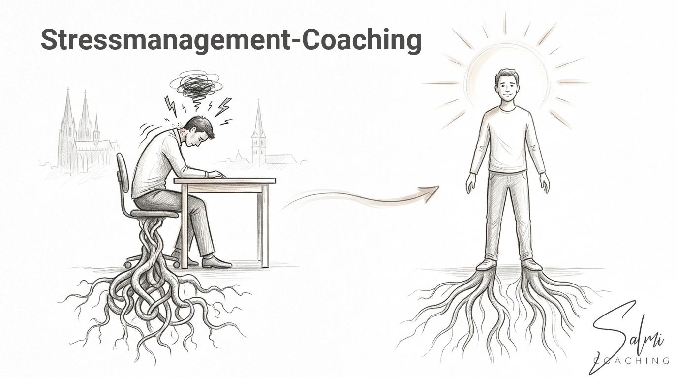 Illustration Stressmanagement-Coaching: Links eine gestresste Person am Schreibtisch mit Gedankenknäuel und chaotischen Wurzeln, rechts dieselbe Person aufrecht und entspannt mit geordneten Wurzeln und Lichtkranz. Im Hintergrund die Skylines von Köln und Bonn. Salmi Coaching Logo.