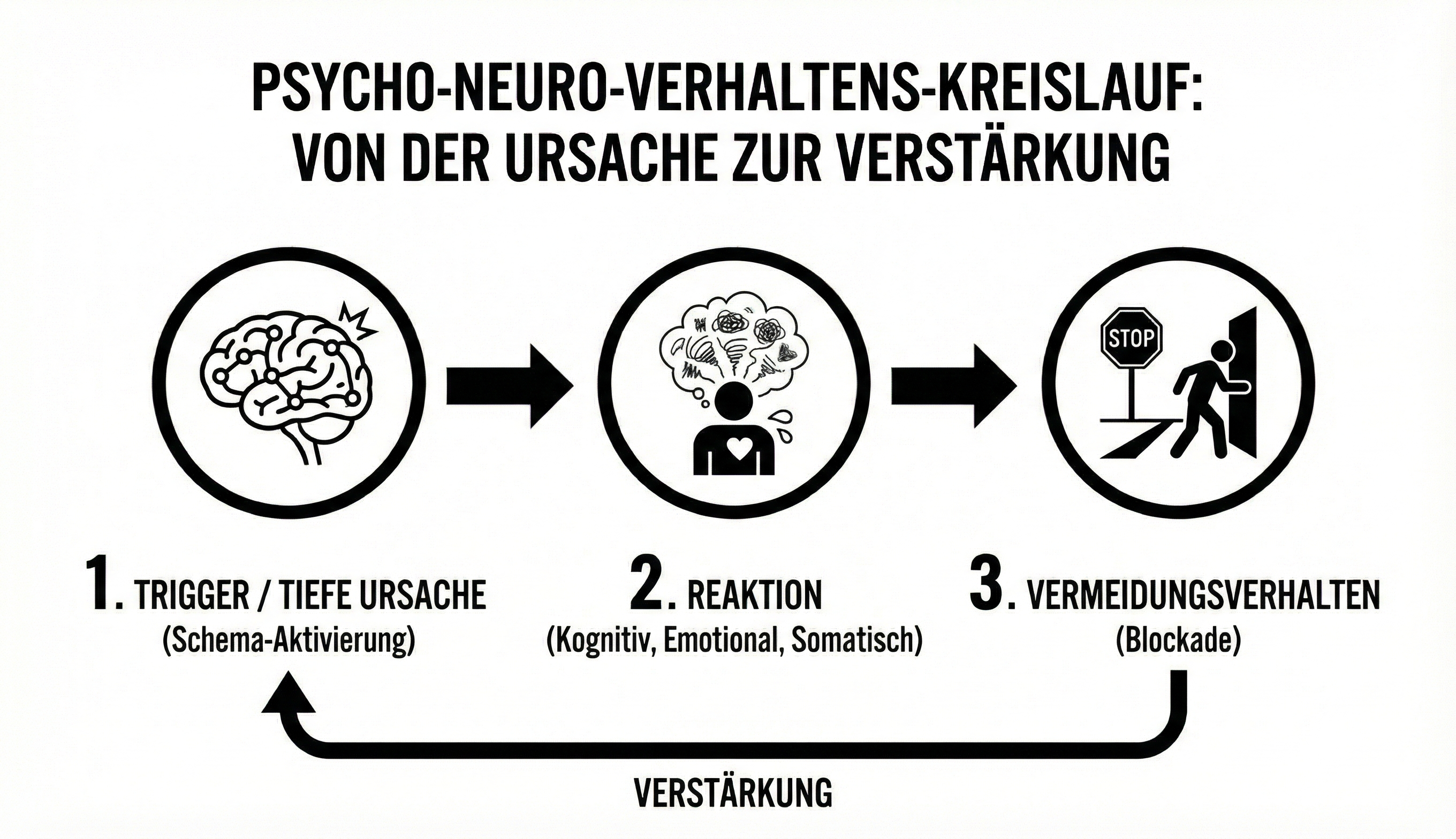 Infografik zum Prozess der Verlustangst: Ursprung, Symptom und Blockade werden visuell mit Icons dargestellt.
